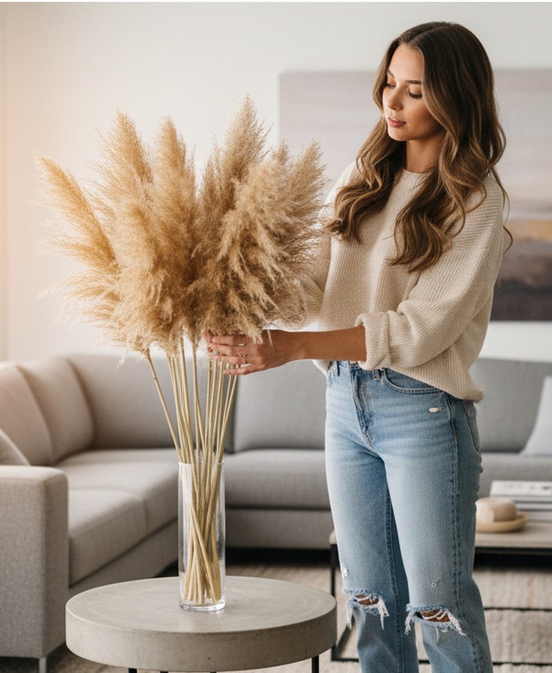 FANCY FLOWERS Natural Soft Pampas Grass  XL Dried Stems – Fluffy Beige Decorative Pampas for Home & Event Decor (15) - Image 1